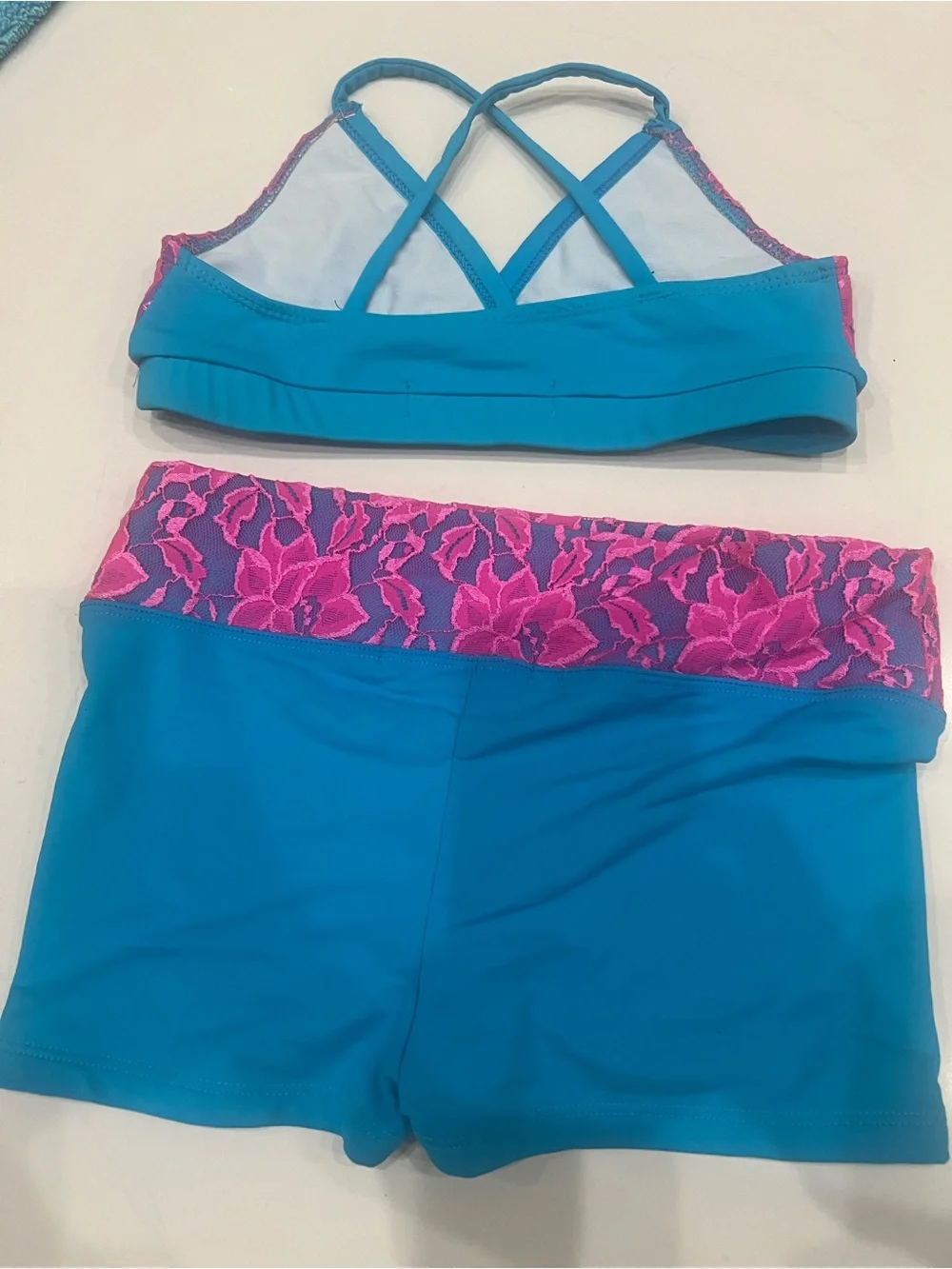 Youth XL Two-Piece dance or gym Set in Teal and Pink Lace